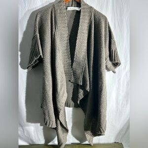 Donna Karan Wool, Cashmere and yak hair taupe short sleeve shawl front cardigan
